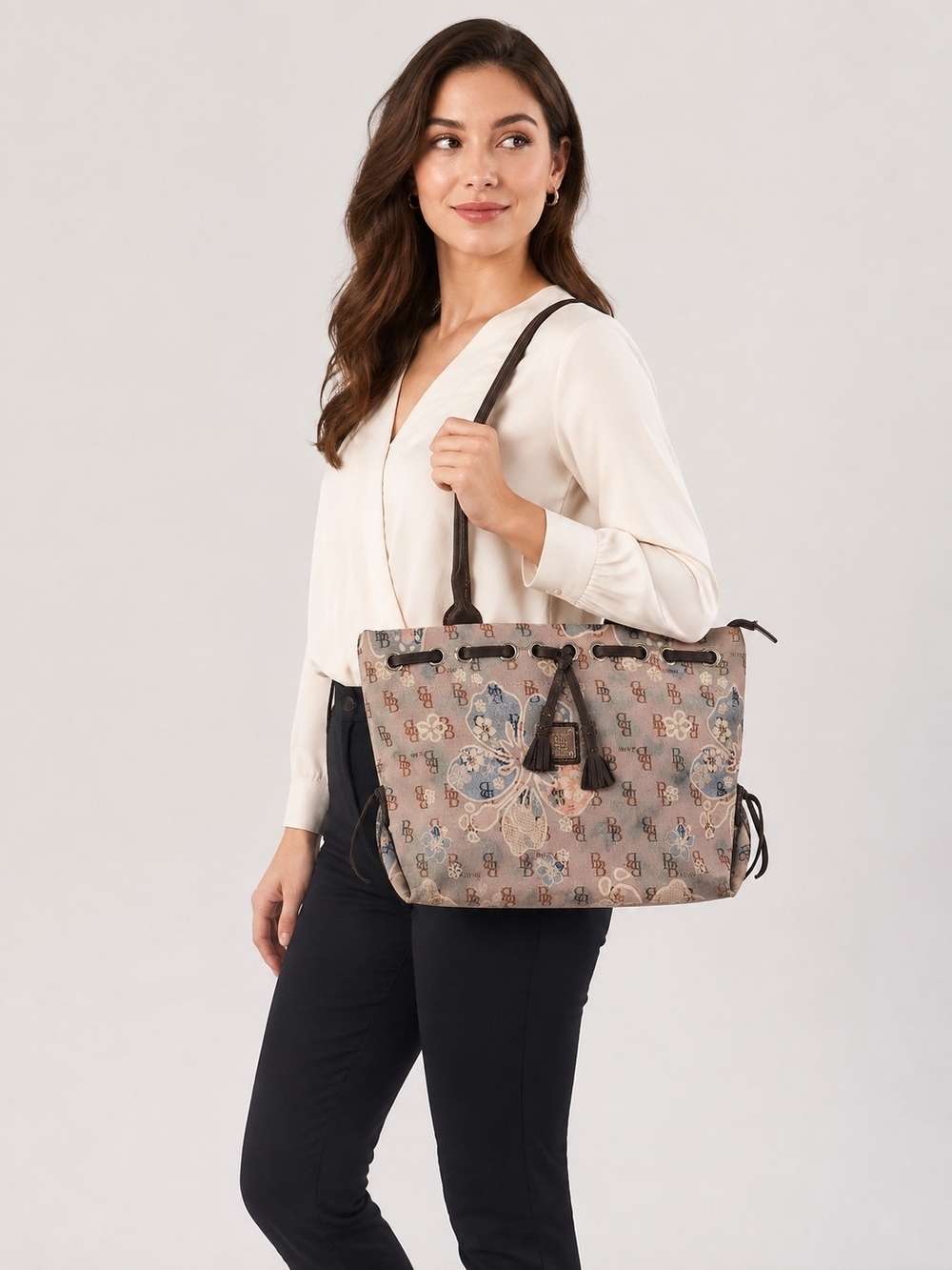 Vintage Dooney & Bourke Signature Floral Canvas & Leather Shoulder Handbag
